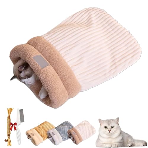 Pnedeodm Cat Winter Sleeping Bag, Cat Sleeping Bag for Indoor Cats, Winter Cat Sleeping Bag, Sleeping Bag for Cats, 360° Wrap Comfortable Pet Snuggle Sack (Beige, L) von Pnedeodm