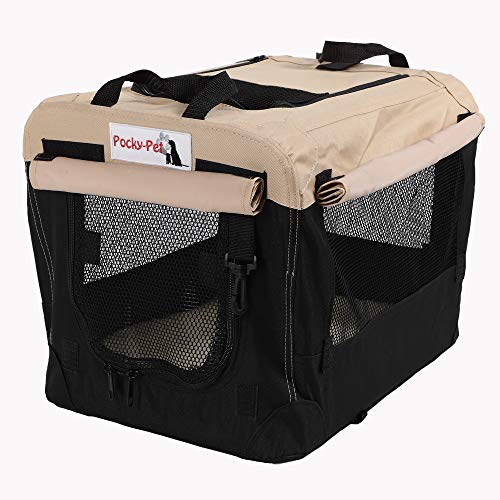 Pocky- Pet Hundetransportbox faltbar Gr. S Autotransportbox beige schwarz 49x34x34cm Hundebox Nylon 600DD strapazierfähig von Pocky- Pet