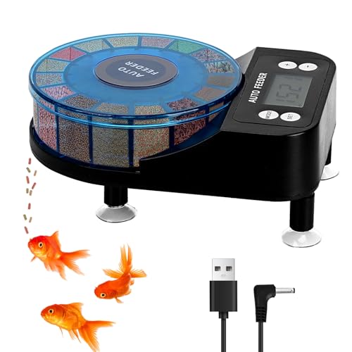 Podazz Automatische Fischzufuhr-Auto-Futterspender für Aquarium-wiederaufladbare Timer-Zufuhr von Fischfutter mit LCD-Anzeige, 15-Feed-Auto-Fischzufuhr mit feuchtigkeitsfestem Design von Podazz