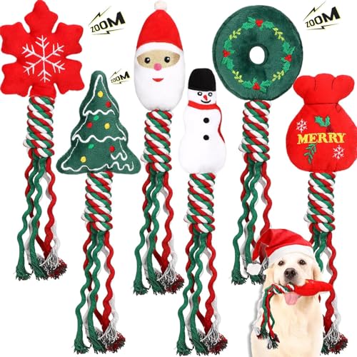 Poen 6 Stück 30,5 cm Weihnachten Hund Quietschspielzeug Welpe Kauspielzeug Plüsch Weihnachtsmann Schneemann Haustier Seil Spielzeug Geschenk Medium Niedlich Interaktives Baumwolle Hundetraining von Poen