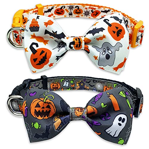 2 Stück Halloween Hundehalsband mit Fliege, Holiday Jack-O-Lantern und Kürbis-Halsband für kleine, mittelgroße und große Hunde, Haustiere Welpen (klein) von Pohshido