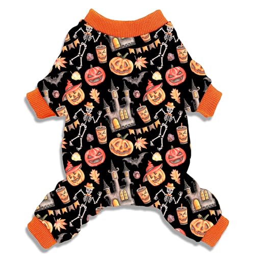 Halloween-Hunde-Pyjama, Urlaubskatze, Totenkopf und Kürbis, Kleidung, Katzenbekleidung, Shirt, Jumpsuits mit Ärmeln, für Jungen und Mädchen, kleine Haustiere, Welpen von Pohshido