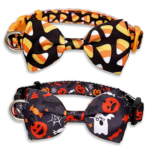 Halloween-Hundehalsband, Fliege, Urlaub, Kürbis, Süßigkeiten, Mais-Halsband für große, mittelgroße und kleine Haustiere, Welpen (Medium (31,8–50,8 cm) Halsumfang x 1,9 cm breit), 2 Stück von Pohshido