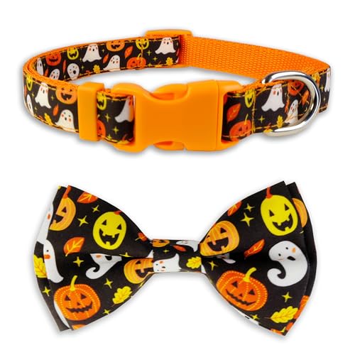 Halloween-Hundehalsband mit Fliege, Geist und Kürbis, für kleine, mittelgroße und große Hunde und Welpen von Pohshido