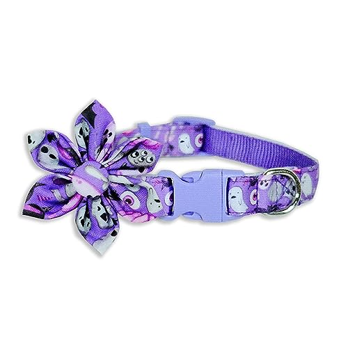 Halloween Hundehalsband mit Sonnenblumenschleife, Urlaubskürbis und Spook, violettes Halsband für kleine, mittelgroße und große Haustiere Welpen von Pohshido