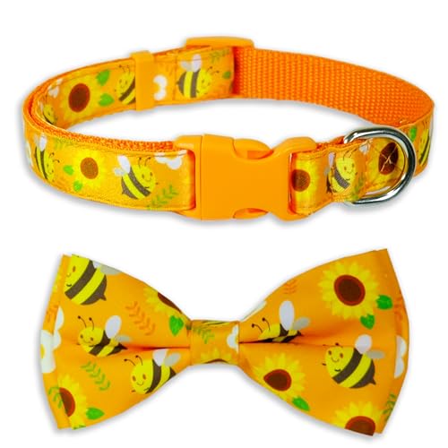 Hundehalsband mit Fliege für den Sommer, mit Sonnenblumen- und Honigbienenenmuster, verstellbares Hundehalsband für kleine, mittelgroße Haustiere und Welpen von Pohshido