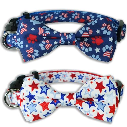 Hundehalsband mit Fliege zum 4. Juli, 2 Stück, Feiertags-Unabhängigkeitstag, patriotische Pfoten, Halsband für große, mittelgroße und kleine Hunde (Medium (31.8–50.8 cm) Halsumfangx1.9 cm breit) von Pohshido