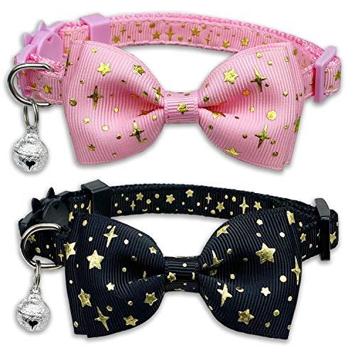 Katzenhalsband mit Fliege und Glöckchen, für Kätzchen, Starshine-Halsband, für Männer, Frauen, Jungen und Mädchen, Katzen (Pink + Schwarz) von Pohshido