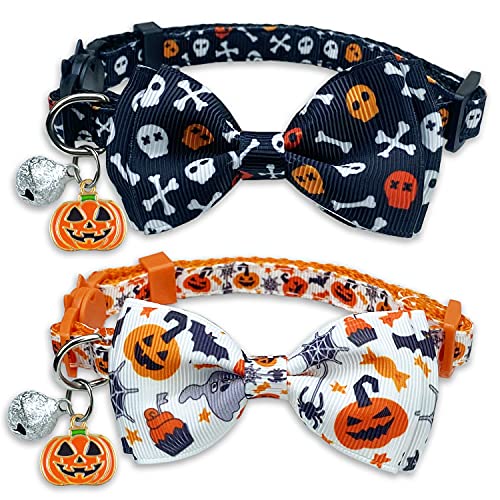 Pohshido 2 Stück Halloween-Katzenhalsband mit Fliege und Glöckchen, Urlaubs-Jack-O-Lantern und Candycorn-Halsband für Kätzchen, männliche weibliche Katzen, Katzen Sachen (Jack-O-Lantern/Skelett-Tanz) von Pohshido