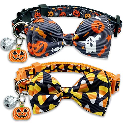 Pohshido 2 x Halloween-Katzenhalsbänder mit Fliege und Glöckchen, für Kätzchen, männliche und weibliche Katzen (Jack-O-Lantern/Candycorn) von Pohshido