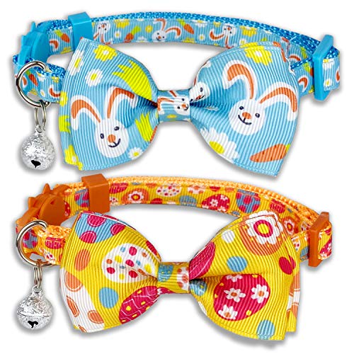 Pohshido Oster-Katzenhalsband mit Fliege, Urlaub 2 Pack Kitty Kätzchen Cute Bunny Karottenhalsband für Mädchen und Jungen (Hoppy Hour/Blau) von Pohshido