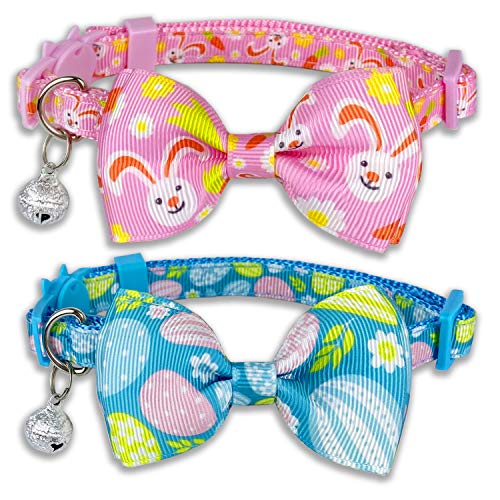 Pohshido Oster-Katzenhalsband mit Fliege, Urlaub 2 Pack Kitty Kätzchen Cute Bunny Karottenhalsband für Mädchen und Jungen (Hoppy Hour/Pink) von Pohshido