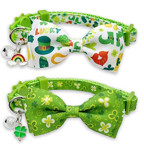 St. Patrick Day Katzenhalsband mit Fliege, Urlaubskätzchen-Halsband mit Glöckchen, für Männer, Frauen, Jungen und Mädchen, 2 Stück (Luckyclover) von Pohshido