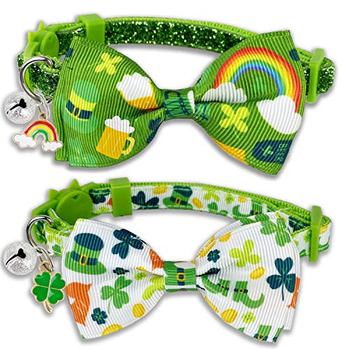 Pohshido St. Patrick's Katzenhalsband mit Fliege und Glöckchen, Kitty Kitten Breakaway Lucky Irish Kleeblatt Halsband für Mädchen und Jungen männliche weibliche Katzen von Pohshido