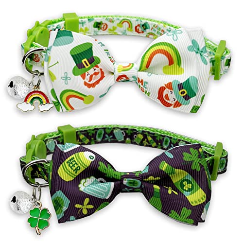 St. Patrick Day Katzenhalsband mit Fliege, 2 Stück, Urlaubskätzchen-Halsband mit Glöckchen, für männliche, weibliche Jungen und Mädchen von Pohshido