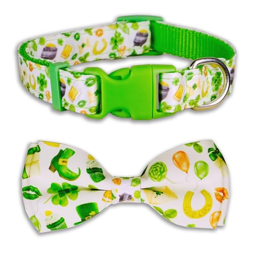 St. Patrick's Day Hundehalsband mit Fliege, irisches Festival, Haustierzubehör, verstellbar, langlebig, Kleeblatt-Design, für kleine, mittelgroße und große Hunde von Pohshido