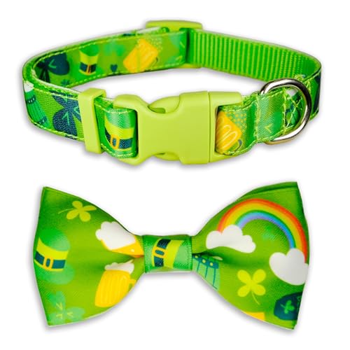 St. Patrick's Day Hundehalsband mit Fliege, verstellbar, grünes Kleeblatt-Muster, Haustierhalsband mit abnehmbarer Fliege, festlich und bequem für kleine und mittelgroße Hunde von Pohshido