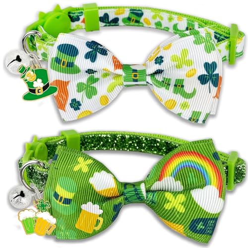 St. Patrick's Day Katzenhalsband mit Fliege und Glocke, verstellbares Breakaway-Kleeblatt und Regenbogen-Kitty-Halsband, Urlaubszubehör für Katzen und Kätzchen, Jungen und Mädchen von Pohshido