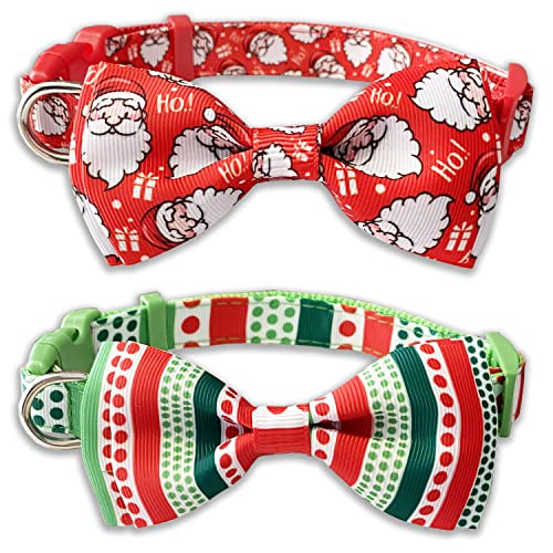 Weihnachts-Hundehalsband mit Fliege, 2 Stück, Weihnachtsmann- und Punkte-Halsband für kleine, mittelgroße und große Hunde, Haustiere (klein (27,9 - 43,2 cm), Halsumfang 1,6 cm breit) von Pohshido