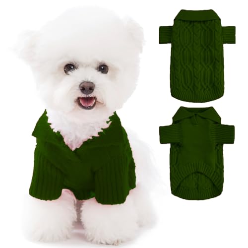 Poifzew Hundepullover mit Faltkragen, weicher Strickpullover für kleine Hunde, Weihnachtsferien, Haustier-Outfits für Dackel, Mops, Armeegrün, Größe S von Poifzew