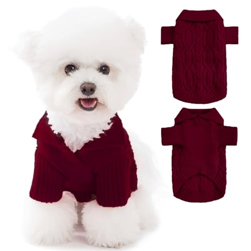 Poifzew Kleiner Fleece-Hundepullover, warme Welpenkleidung, niedlicher Pullover, Katzenpullover, Weihnachten, Urlaub, Haustier-Outfits, Bekleidung, Burgunderrot, Größe XS von Poifzew