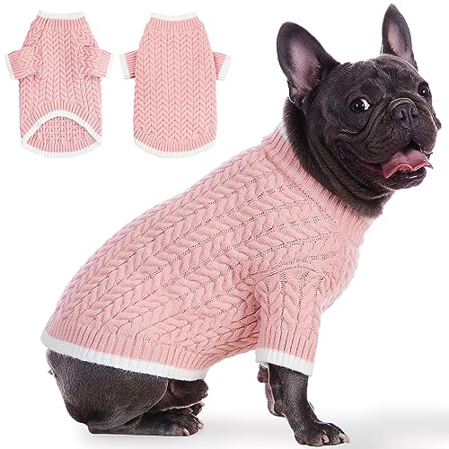 Poifzew Kleiner Hundepullover für den Winter, warme Welpenkleidung, klassisches kaltes Wetter, Zopfstrickwaren, Katzenbekleidung, Rollkragen, Farbblock, Weihnachten, Urlaub, Haustier-Outfits, Rosa, von Poifzew