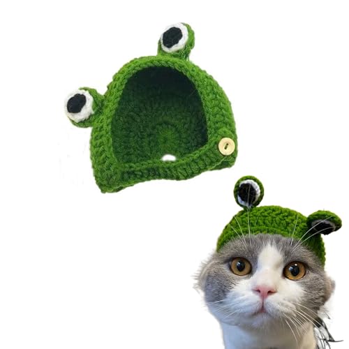 Pokinge 1Pcs Gestrickte Wolle Haustier Hut Nette Frosch Haustier Kappe Handgemachte Gestrickte Grüne Katze Hut Cartoon Hund Kappe Kätzchen Kopfschmuck Cosplay Haustier Zubehör für Welpen von Pokinge