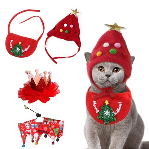 Pokronc Katzen-Weihnachtskostüm, Haustierkleidung, Hunde-Outfits, Katzenkostüm, Plüsch, 4 Stück, Schal-Lätzchen, Weihnachtsmützen, niedlicher Kostümanzug für Katzen und kleine Hunde, Weihnachtskostüme von Pokronc