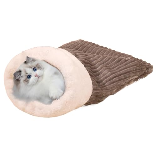 Pokronc Winter-Katzen-Schlafsack, warm, gemütlich, Plüsch-Katzenhöhle, halbgeschlossenes Bett, weiches Haustierbett, Khaki und Grau, für Katzen und kleine Haustiere von Pokronc