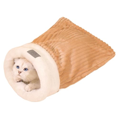 Pokronc Winter-Katzen-Schlafsack, warm, gemütlich, Plüsch-Katzenhöhle, halbgeschlossenes Bett, weiches Haustierbett, Khaki und Grau, für Katzen und kleine Haustiere von Pokronc