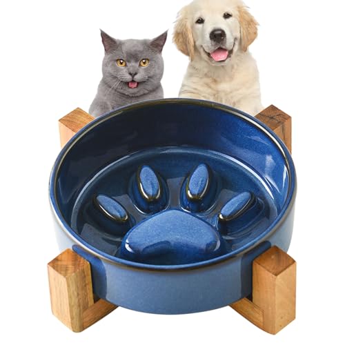 Polegas Anti Schling Napf Hunde und Katzen, 450ml Hundenapf Keramik, Schlingnapf Hunde mit Bambus Ständer, Antischlingnapf Hunde und Katzen, Erhöhte Keramik Slow Feeder für Hund, Dog Bowl von Polegas