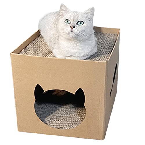 Katzenhaus Pappe mit Katzen Kratzbrett, Katzenhöhle Katzenbett für Indoor-Katzen, Katzen Kratzbox Pappe für den Innenbereich, Katzen Kratzmöbel, Katzenkratzhaus Pappe zum Schlafen und Spielen von Pomurom