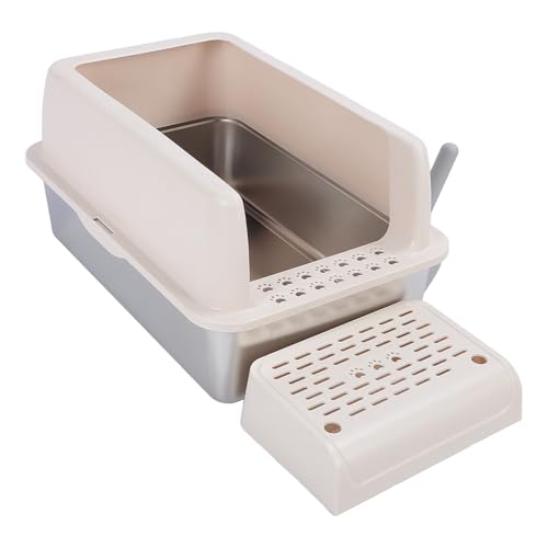 Pongnas Extra Große Katzentoilette mit Hohen Seiten, Edelstahlmaterial, Spritzschutzabdeckung, für Große Katzen, Halbgeschlossen, Ideal für Große Katzen (Khaki) von Pongnas