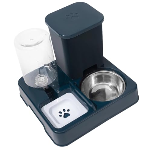 Poo4kark Automatischer Futterspender für Hunde Katzen, Doppelnapf, abnehmbares 2-in-1-Futter- Wasserset für Kätzchen, Reisen, Welpen (Dark Blue, One Size) von Poo4kark