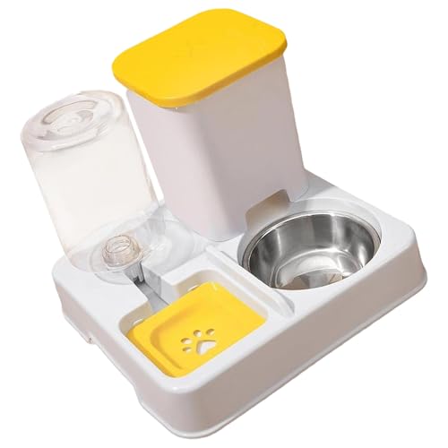 Poo4kark Automatischer Futterspender für Hunde Katzen, Doppelnapf, abnehmbares 2-in-1-Futter- Wasserset für Kätzchen, Reisen, Welpen (Yellow, One Size) von Poo4kark