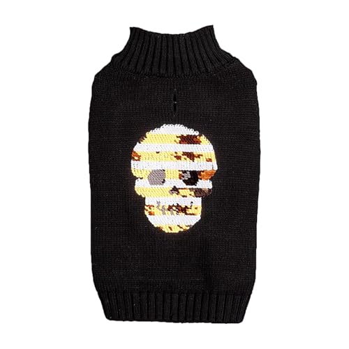 Poo4kark Lustiger, mittelhoher Strickpullover mit Halloween-Motiv, schwarzem Totenkopf, besticktem goldenen silbernen Pailletten Retri.-Welpenpullover (Black, L) von Poo4kark