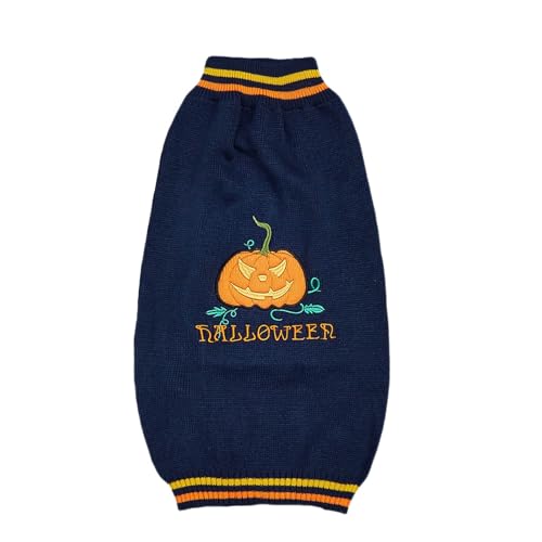 Poo4kark Spook.y Kürbis-Halloween-Strickpullover für kleine mittelgroße Hunde, fusselfrei, passend für lustiges Design (Navy, XL) von Poo4kark