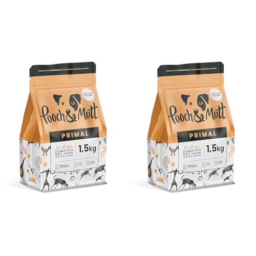 Primal Grain Free Trockenfutter für Hunde von Pooch & Mutt, Lachs-, Lamm-, Hühnchen- und Straußengeschmack (Normale Kroketten), 1,5 kg (Verpackung kann variieren) (Packung mit 2) von Pooch & Mutt