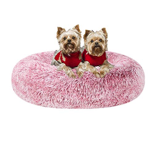 Poohoo Beruhigendes Hundebett aus Kunstfell, Donut, waschbar, rund, Katzenbett, Kissen, Farbverlauf, Farbe (58,4 cm/76,2 cm) für kleine, mittelgroße Hunde (L 76,2 cm, Pink) von Poohoo