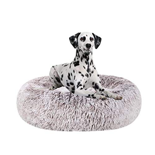 Poohoo Beruhigendes Hundebett aus Kunstfell, Donut-Design, waschbar, rund, Katzenbett, Kissen, kuschelig, Farbverlauf (58,4 cm/76,2 cm), für kleine, mittelgroße Hunde (XL, 91,4 cm, Hellbraun) von Poohoo