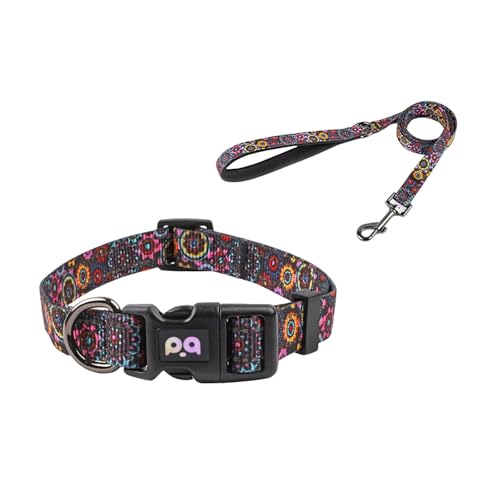 Porceosy Hundehalsband für Sicherheit, Blumenmuster, verstellbare reflektierende Streifen, Set mit Traktionsleine, Muster, Schwarz, Größe XS von Porceosy