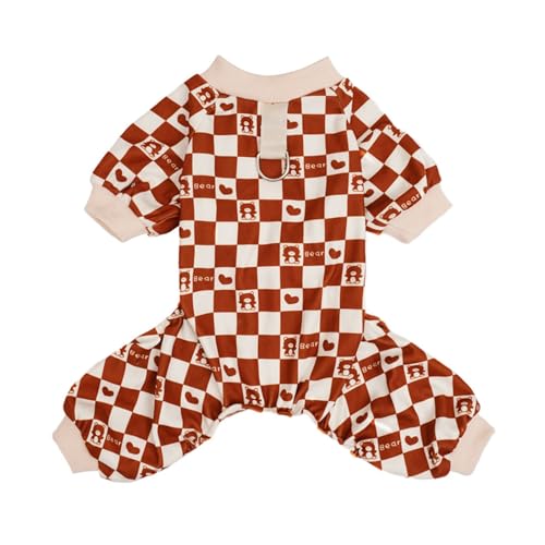 Porceosy Schachbrett Haustier Jumpsuit Haustier Jumpsuit mit Schachbrett Bärenmuster, Weiche, Bequeme Vierbeiner-Hundekleidung mit Traktionsring für Spaziergänge im Freien, Hellbraun, L von Porceosy