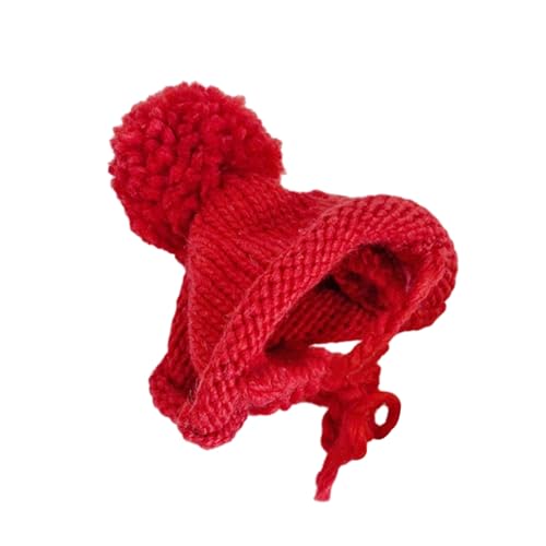 Porceosy Wintermütze für Hunde, gemütliche Haustiermütze mit weichem Ball, gestrickt, verdickt, warm, einfarbig, Befestigungsschnur, Rot, Größe L von Porceosy