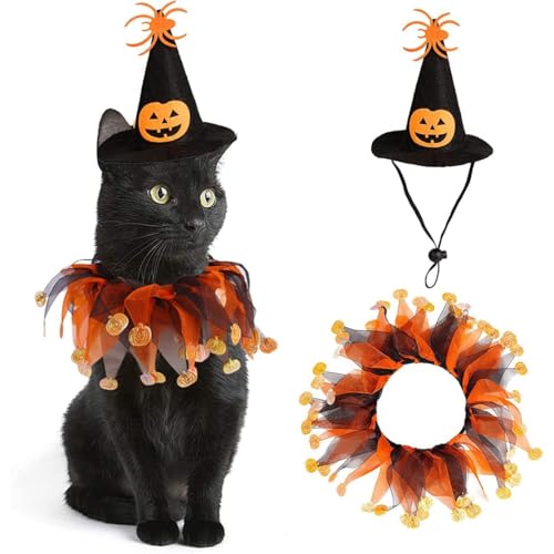 Katzen Halloween Kostüme Set von 2 Halloween Pet Kostüm Katze Hexenhut und Jester Kragen Set Pet Cosplay Kostüm mit Kragen von Porgeel