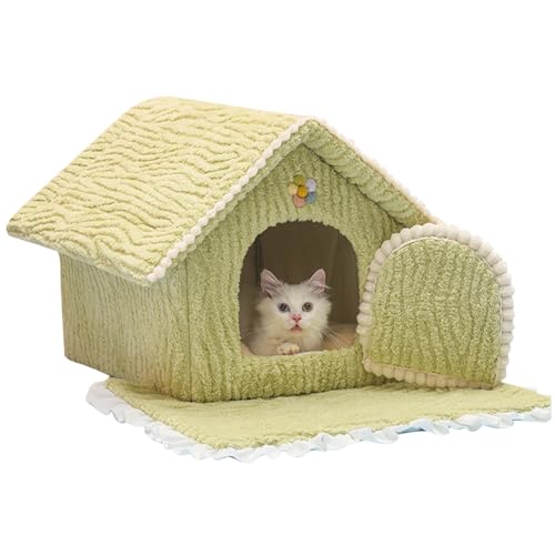 Katzenbetthaus, 19,7 x 15,6 x 17,32 Zoll, abnehmbares Katzenhaus für drinnen mit Kissen, weiches, rutschfestes Katzenhöhlenbett, waschbar, süße Katzenhöhlen für Hauskatzen und Hunde, Grün von Porgeel