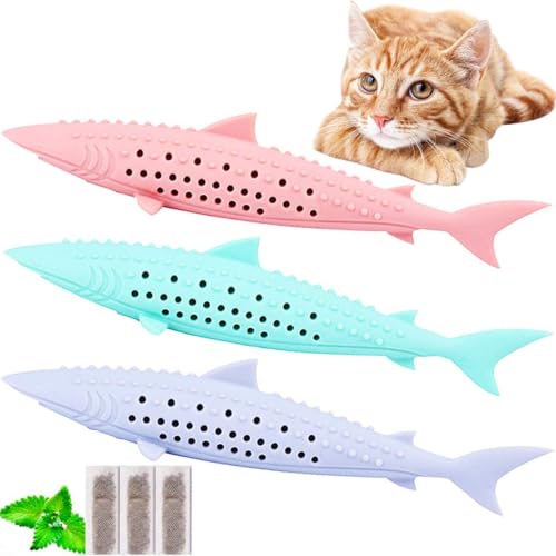 Porgeel 3 PCs Katzenzahnbürste Katzenbürstenfisch kauen Spielzeug mit Catnip interaktiver Katze mit Silikon Haustier Spielzeugkatzzzähnenreinigungsbürste von Porgeel