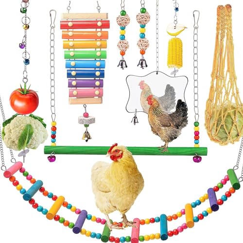 Porgeel Hühnerspielzeug für Coop 1 Set Bunte hölzerne Hühnchen -Coop -Spielzeug umfasst Leiter, Glocken, Kauball und mehr, Stress Relief Chicken Accessoires, Geschenke für Hühnchen von Porgeel