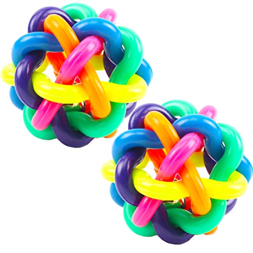 Porgeel Hund Gummi Ball mit Bell Rainbow Bouncy Woven Toy Welpe Kaukugel für Aggressive Kauspiel -Zahnen Reinigungstraining 8 cm 2pcs Spielen von Porgeel