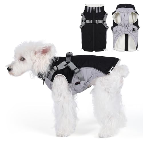 Poseca Hunde-Wintermantel mit integriertem Geschirr, Hunde-Winterjacke mit Reißverschluss, Outdoor-Hunde-Schneeanzug, winddicht, verstellbarer Hundemantel mit Schnalle, warmer Mantel für kleine und von Poseca