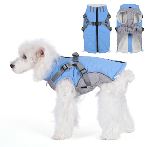 Poseca Hunde-Wintermantel mit integriertem Geschirr, Hunde-Winterjacke mit Reißverschluss, Outdoor-Hunde-Schneeanzug, winddicht, verstellbarer Hundemantel mit Schnalle, warmer Mantel für kleine und von Poseca